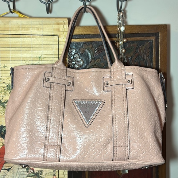 GUESS Soft Dusty Pink Tote Bag Silver Triangle Rhinestones 15.5”Lx9.5”Hx6.5”W - Picture 4 of 17